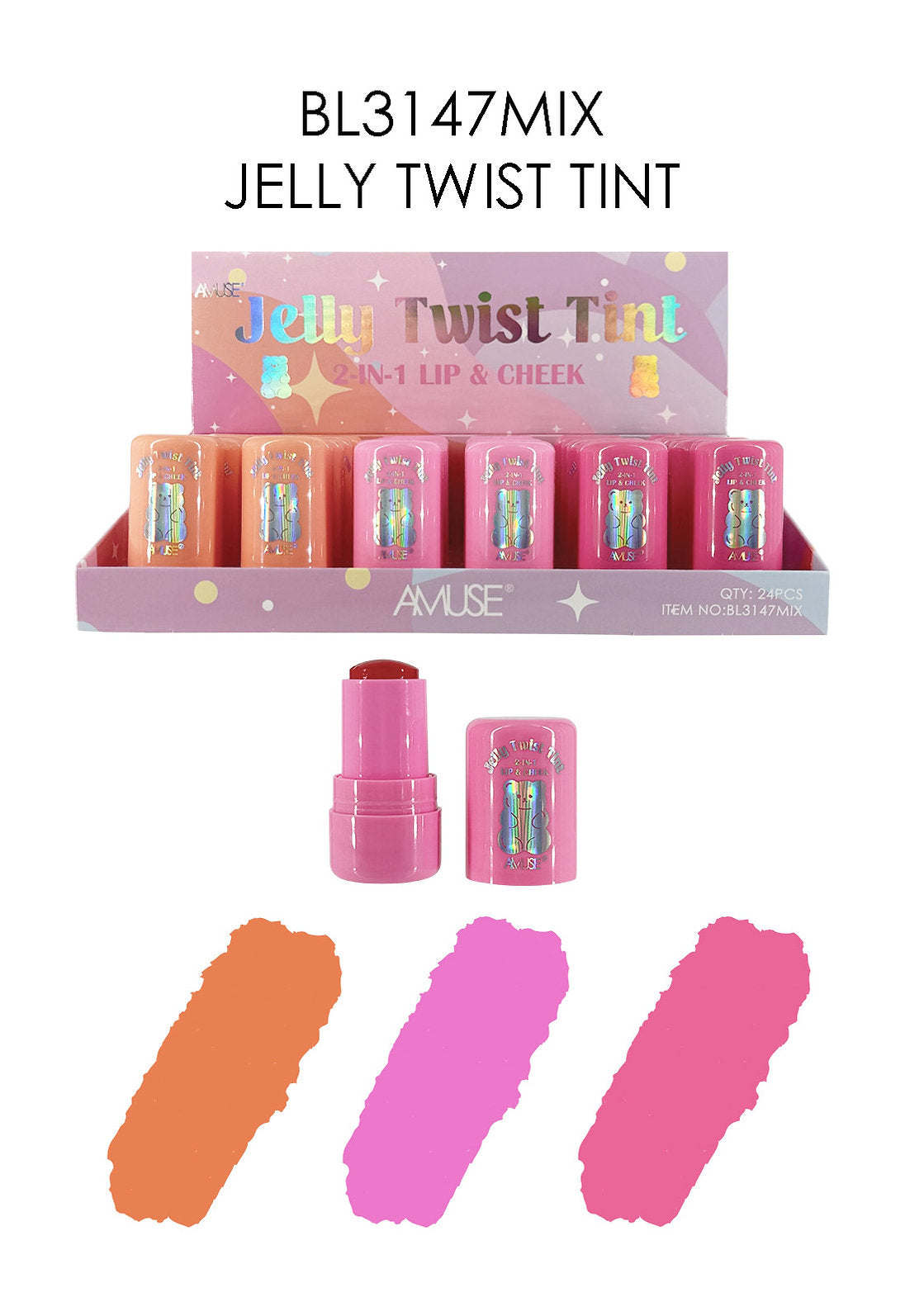 AMUSE- JELLY TWIST- 2 IN 1 LIP AND CHEEK TINT- 24PCS