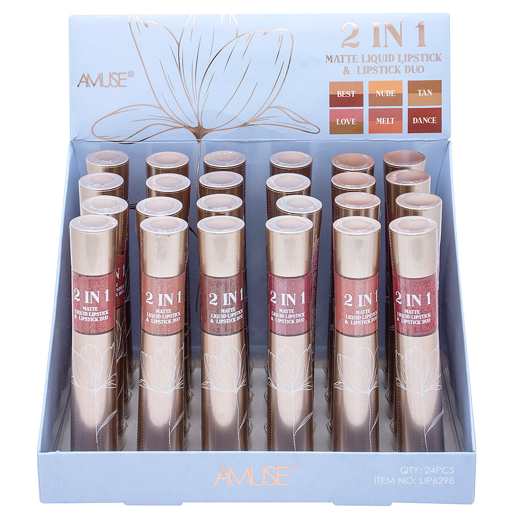 AMUSE - LABIAL LÍQUIDO MATE 2 EN 1 Y DÚO DE LÁPIZ LABIAL - 6 COLORES - DISPLAY (24PC)
