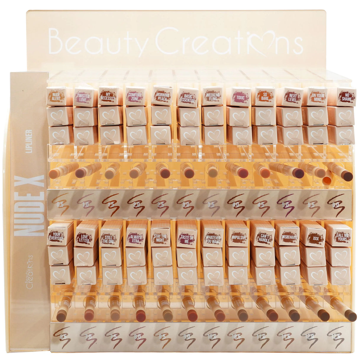 BEAUTY CREATIONS- NUDE X- LIP LINERS FULL DISPLAY- 144PCS + 24 FREE TESTERS