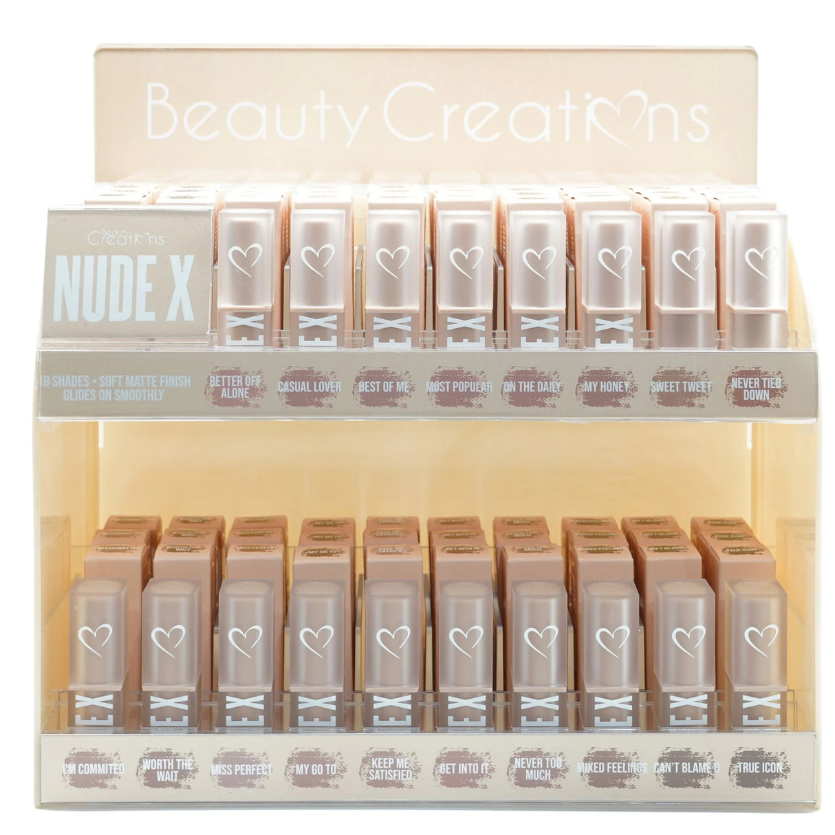 BEAUTY CREATIONS- NUDE X- LIPSTICK FULL DISPLAY- 108PCS + 18FREE TESTERS