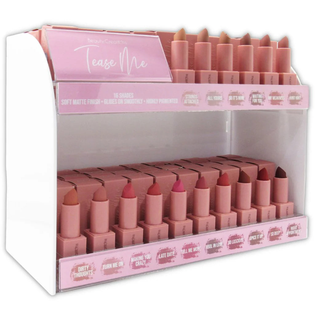 BEAUTY CREATIONS- TEASE ME LIPSTICK- 96PCS + 16 FREE TESTERS