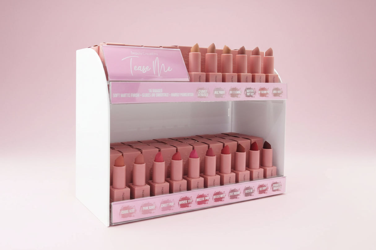 BEAUTY CREATIONS- TEASE ME LIPSTICK- 96PCS + 16 FREE TESTERS