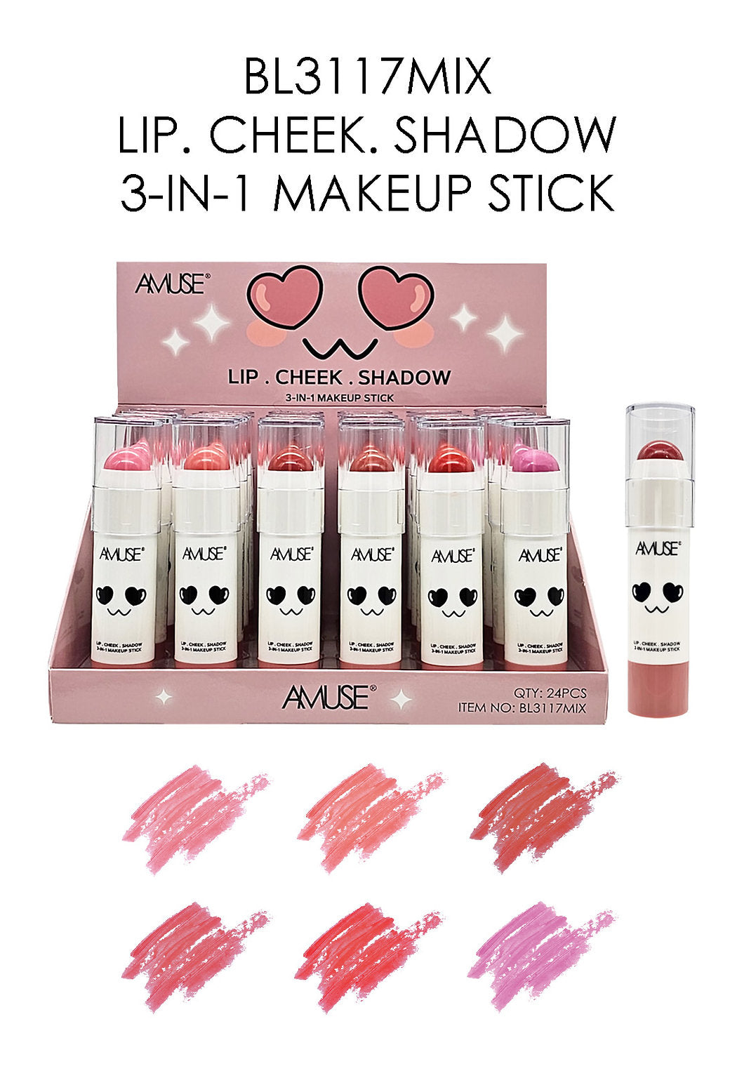 AMUSE- BÂTON DE MAQUILLAGE 3 EN 1- LÈVRES-JOUES-OMBRE- (24PCS)