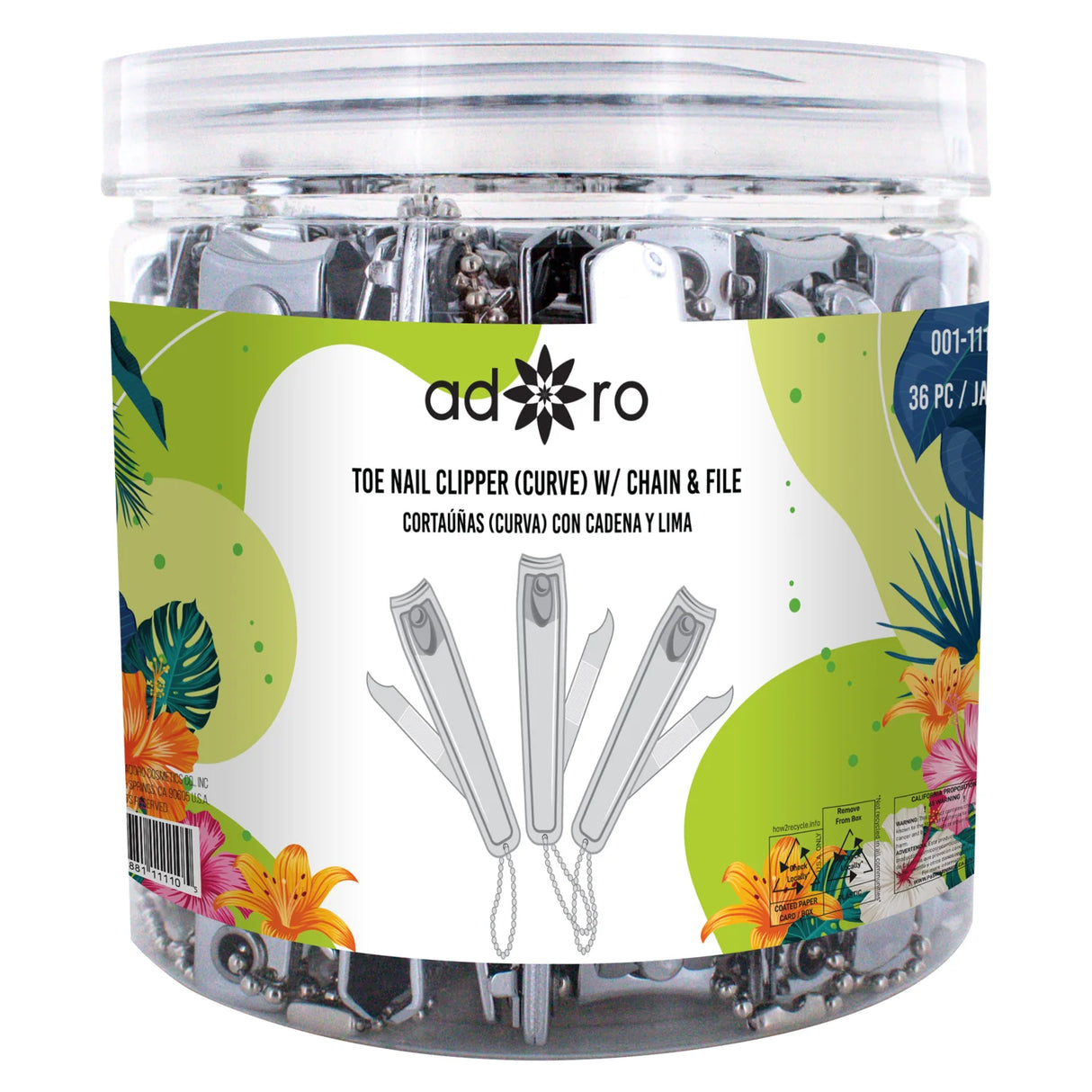 ADORO- TOE NAIL CLIPPER (CURVE) W/ CHAIN & FILE- 36PCS