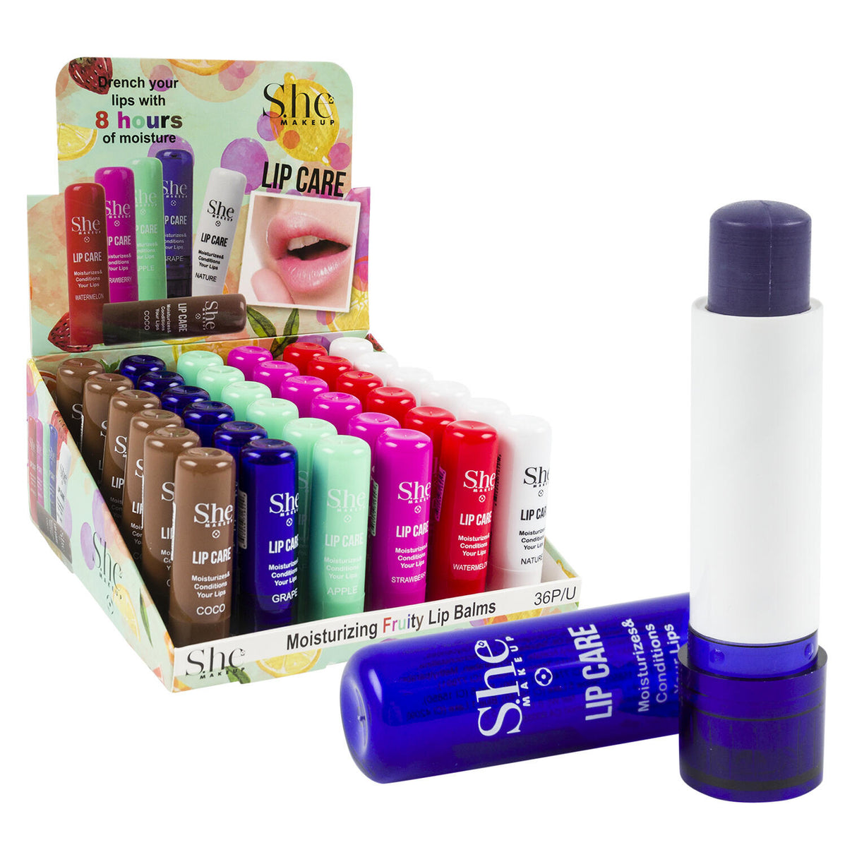 SHE MAKEUP- FRUITÉ HYDRATANT- BAUME À LÈVRES- 36PCS