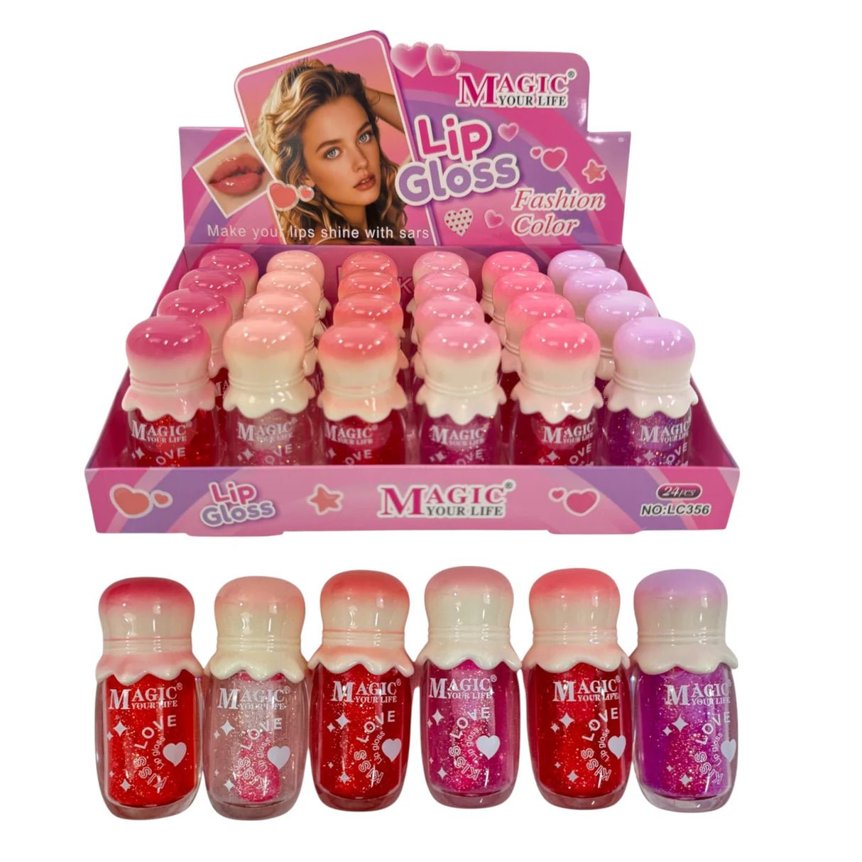 MAGIC YOUR LIFE- FASHION COLOR/ GLITTER- LIP GLOSS- 24PCS