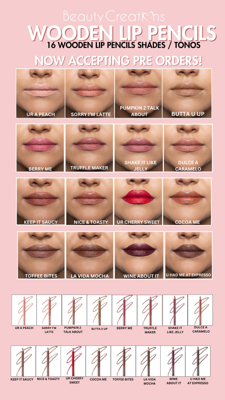 BEAUTY CREATIONS- CRAYONS À LÈVRES EN BOIS- 12PCS