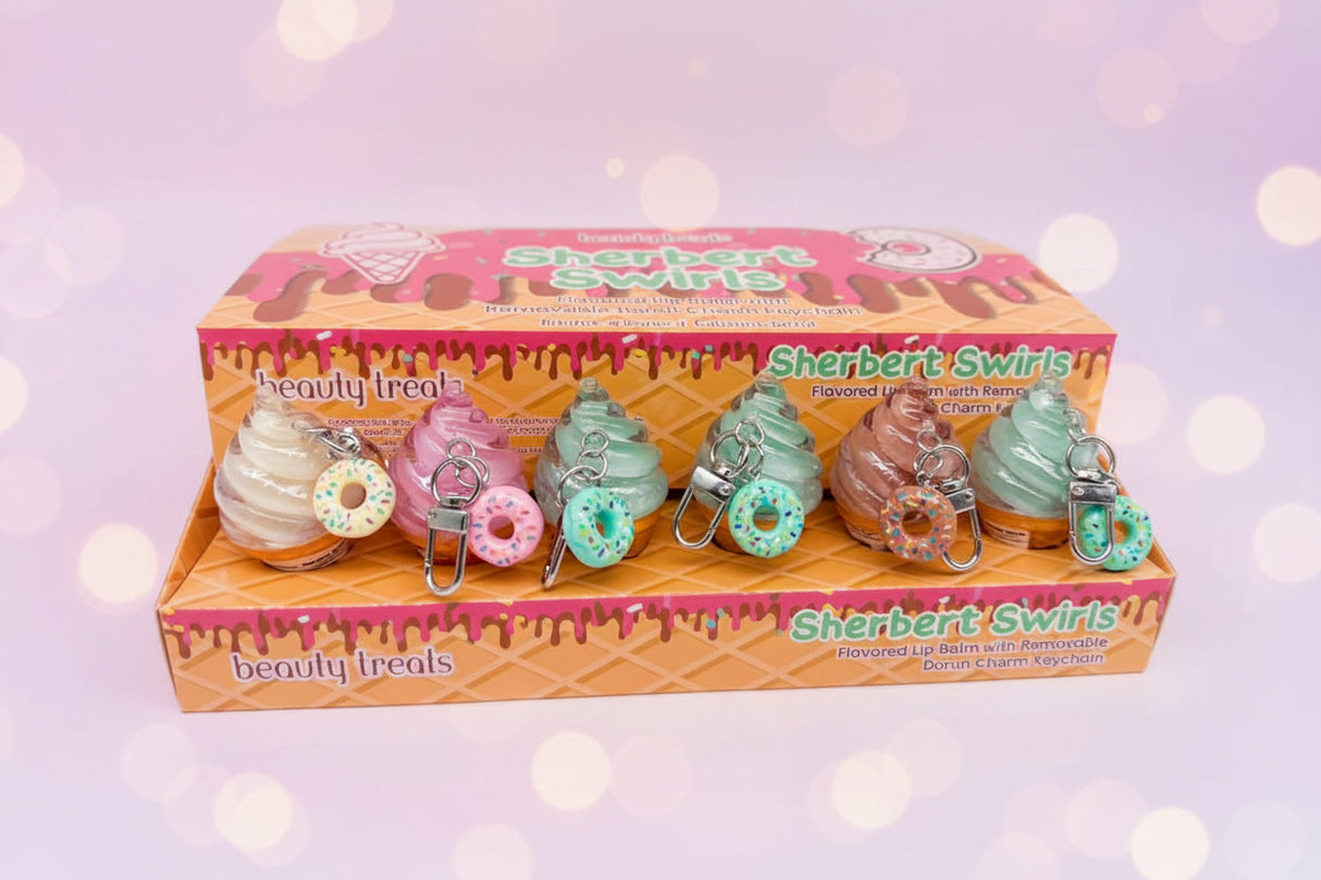 BEAUTY TREATS - SHERBERT SWIRLS - LIP BALM WITH REMOVABLE DONUT CHARM KEYCHAIN (24PCS)
