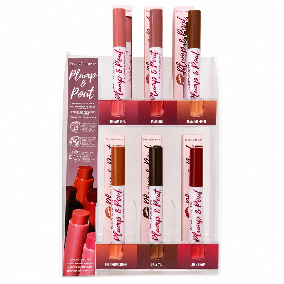 BEAUTY CREATIONS- PLUMP & POUT (6PCS EACH + TESTER HALF OFF ) DISPLAY
