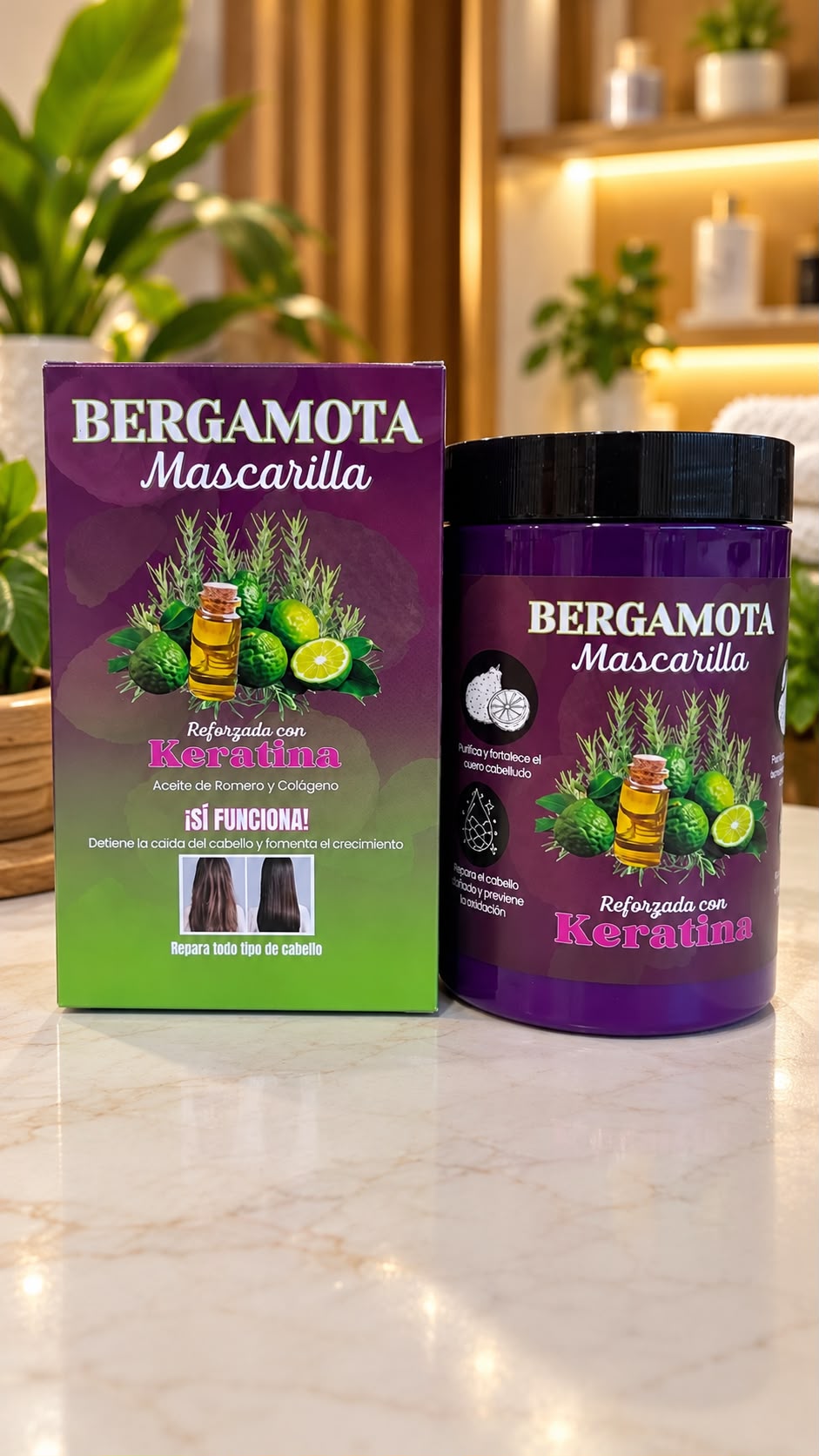 MASCARILLA DE BERGAMOTA- REFORZADO CON KERATINA, ACEITE DE ROMERO Y COLAGENO (1PC)