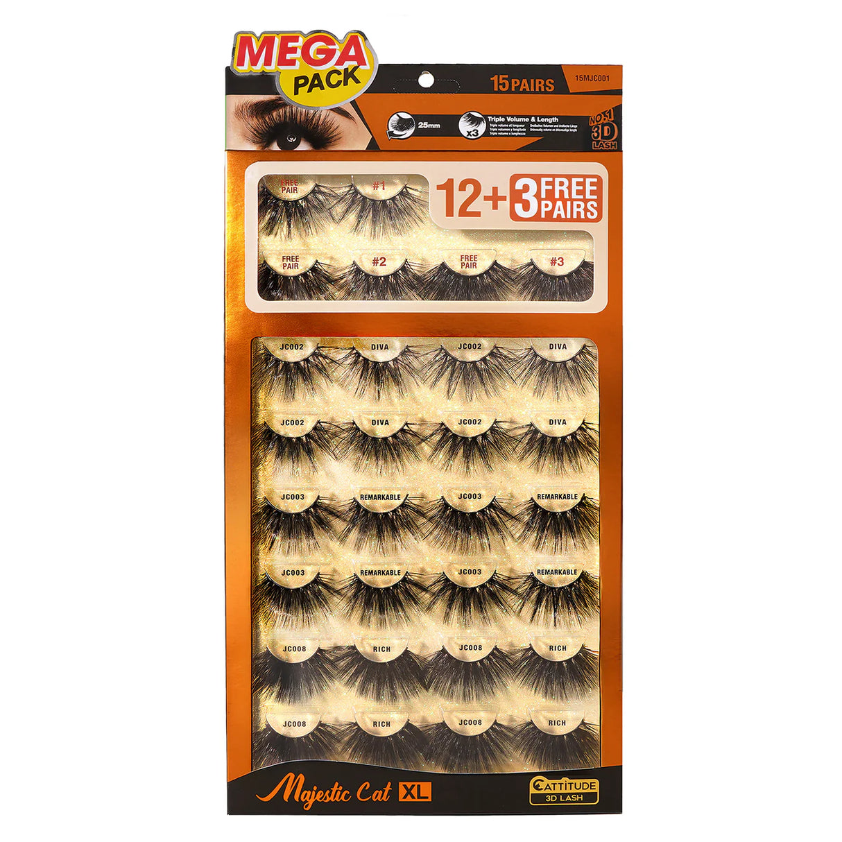 EBIN NEW YORK- 15 PAIRS LASHES SET(12PAIRS + 3 FREE PAIR)- 1PC