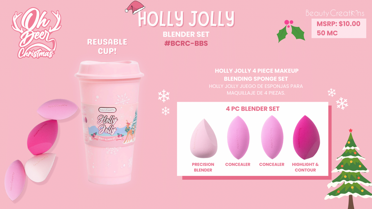 BEAUTY CREATIONS - REINDEER CHRISTMAS- 4PC BEAUTY BLENDER CUP HOLLY JOLLY (1SET)