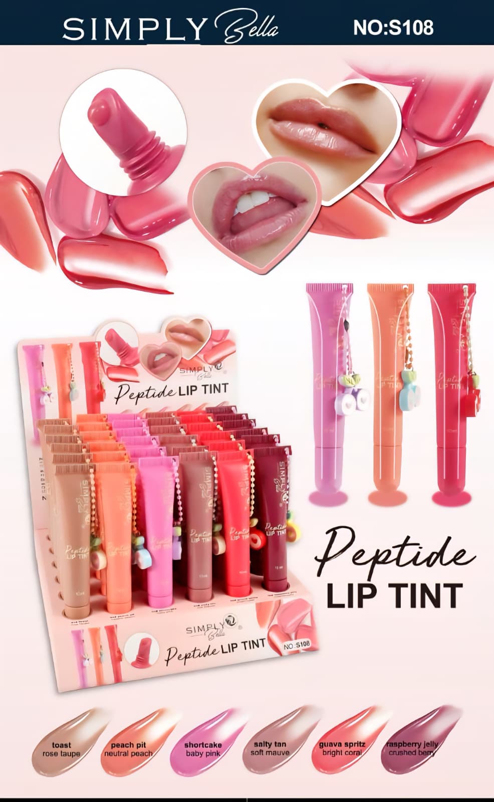 SIMPLY BELLA- PEPTIDE LIP TINT WITH BEADED CHARM-36PCS