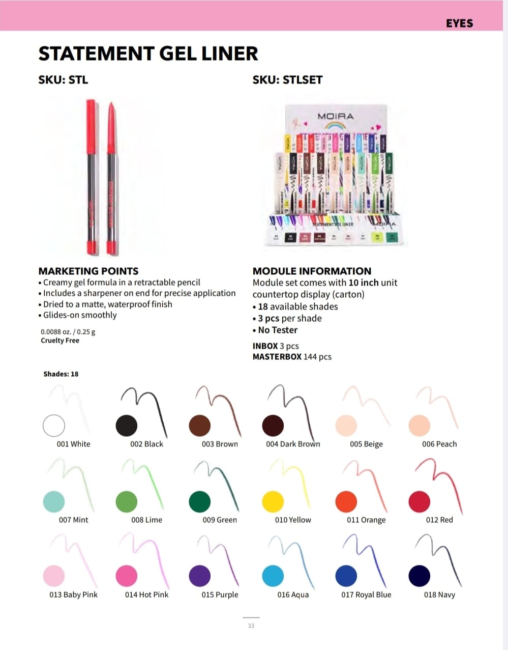 MOIRA- STATEMENT GEL LINERS (18TONES)- FULL DISPLAY