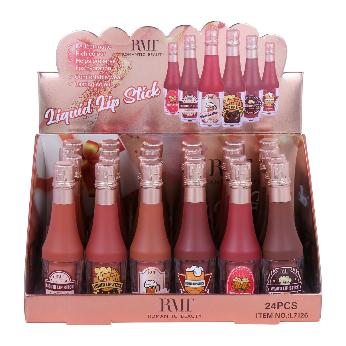 ROMANTIC BEAUTY- POP A BOTTLE- MATTE LIQUID LIQUID LIPSTICK- 24PCS