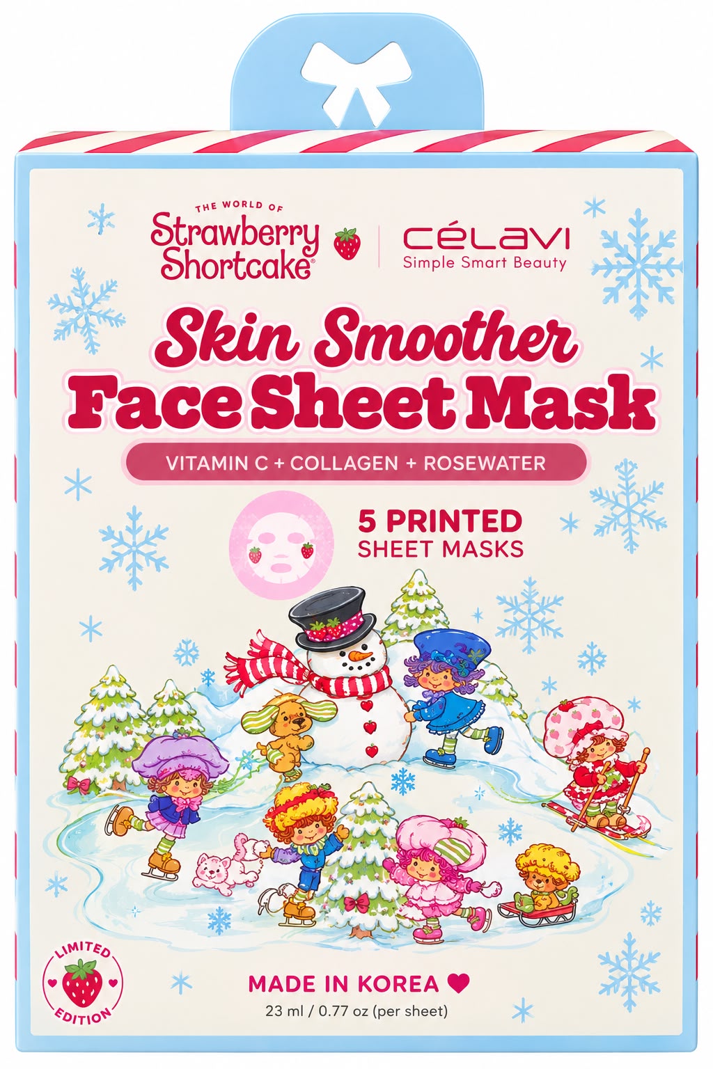 CÉLAVI - STRAWBERRY SHORTCAKE SKIN SMOOTHER FACE SHEET MASK - 1 PACK (5 PRINTED SHEET MASKS)