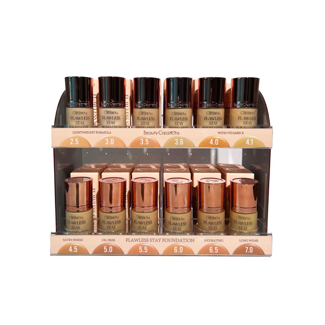 BEAUTY CREATIONS- FLAWLESS STAY FOUNDATION- NEW PRO TABLE DISPLAY- 72PCS+ FREE TESTERS