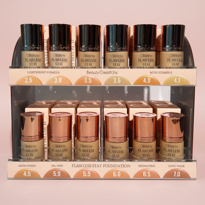 BEAUTY CREATIONS- FLAWLESS STAY FOUNDATION- NEW PRO - (TABLE DISPLAY- 72PCS+ FREE TESTERS)