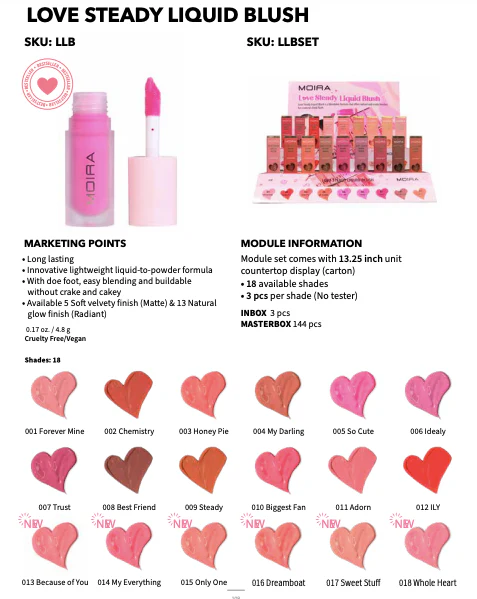 MOIRA - LOVE STEADY LIQUID BLUSH - 108PCS+ TESTERS