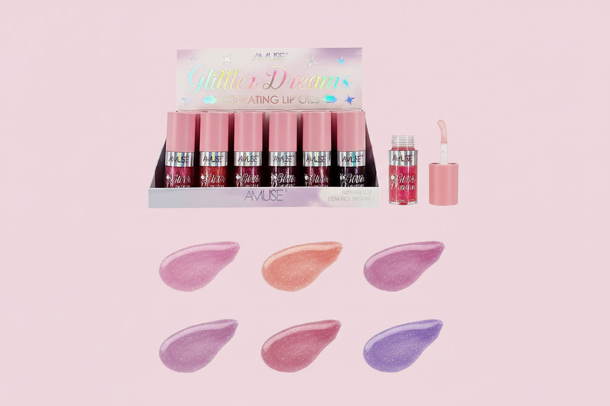AMUSE- GLITTER DREAMS- HYDRATING LIP OILS- 24PCS