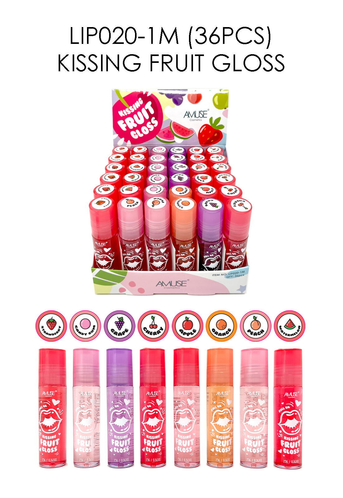 AMUSE - KISSING FRUIT GLOSS - DISPLAY 36PC OR DISPLAY 72PC