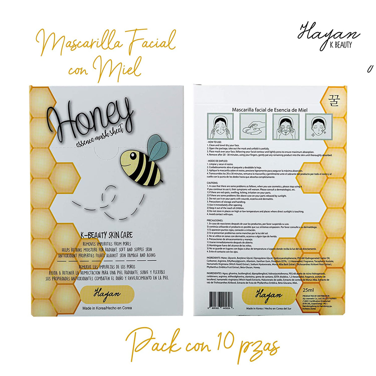 HAYAN K-BEAUTY - HOJA DE MASCARILLA ESENCIA DE MIEL - 10 UNIDADES