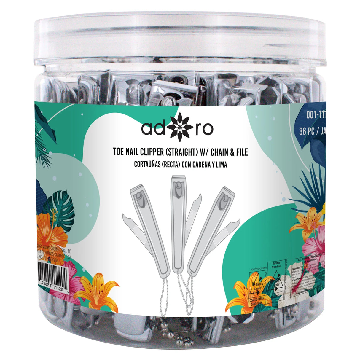 ADORO- TOE NAIL CLIPPER (STRAIGHT) W/ CHAIN FILE- 36PCS