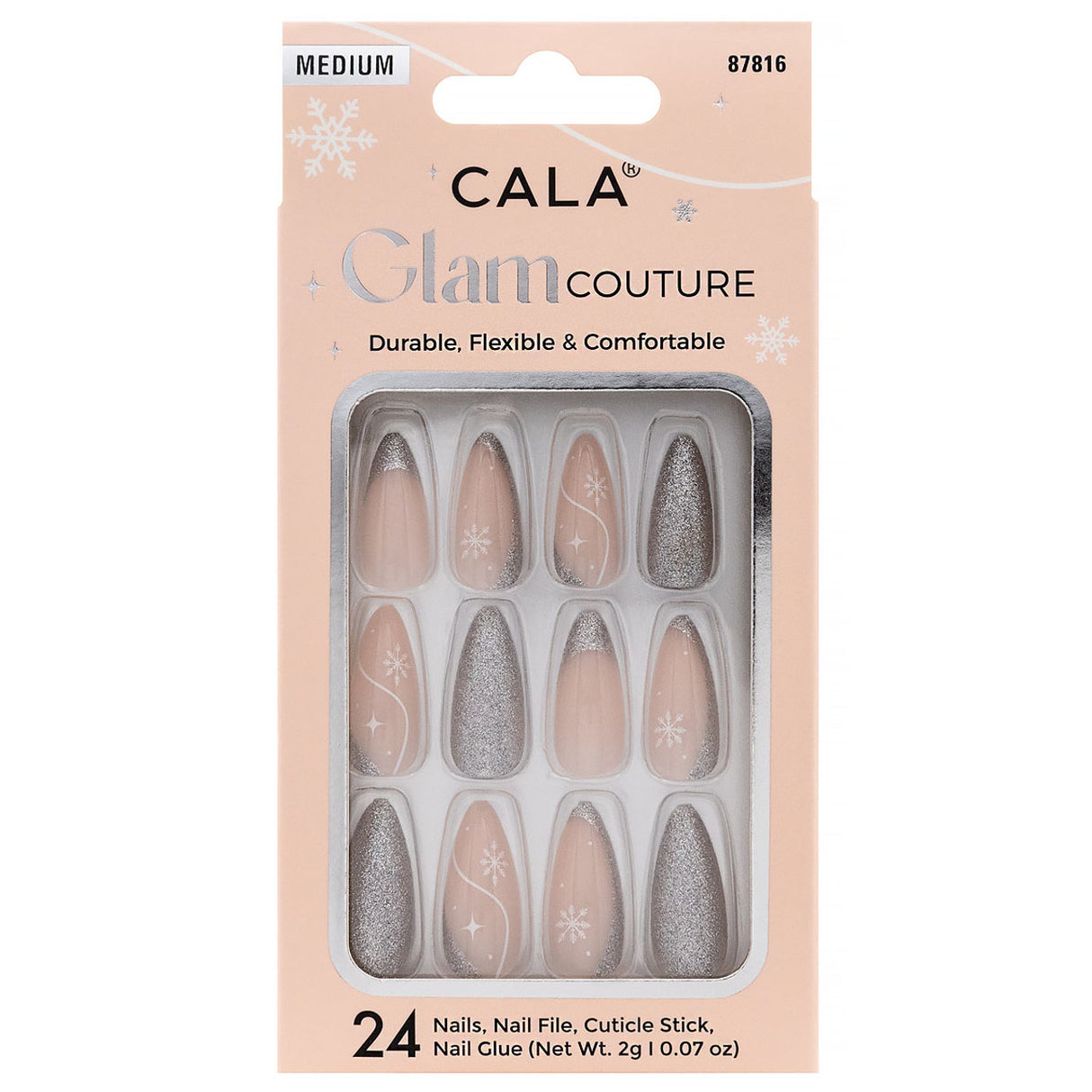 CALA- GLAM COUTURE - ALMOND SILVER GLITTER NAILS- 6PCS