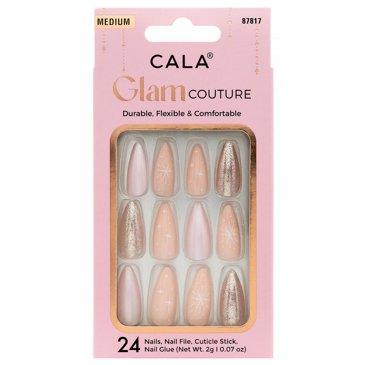 CALA- GLAM COUTURE - ALMOND GLITTER STARS NAILS- 6PCS