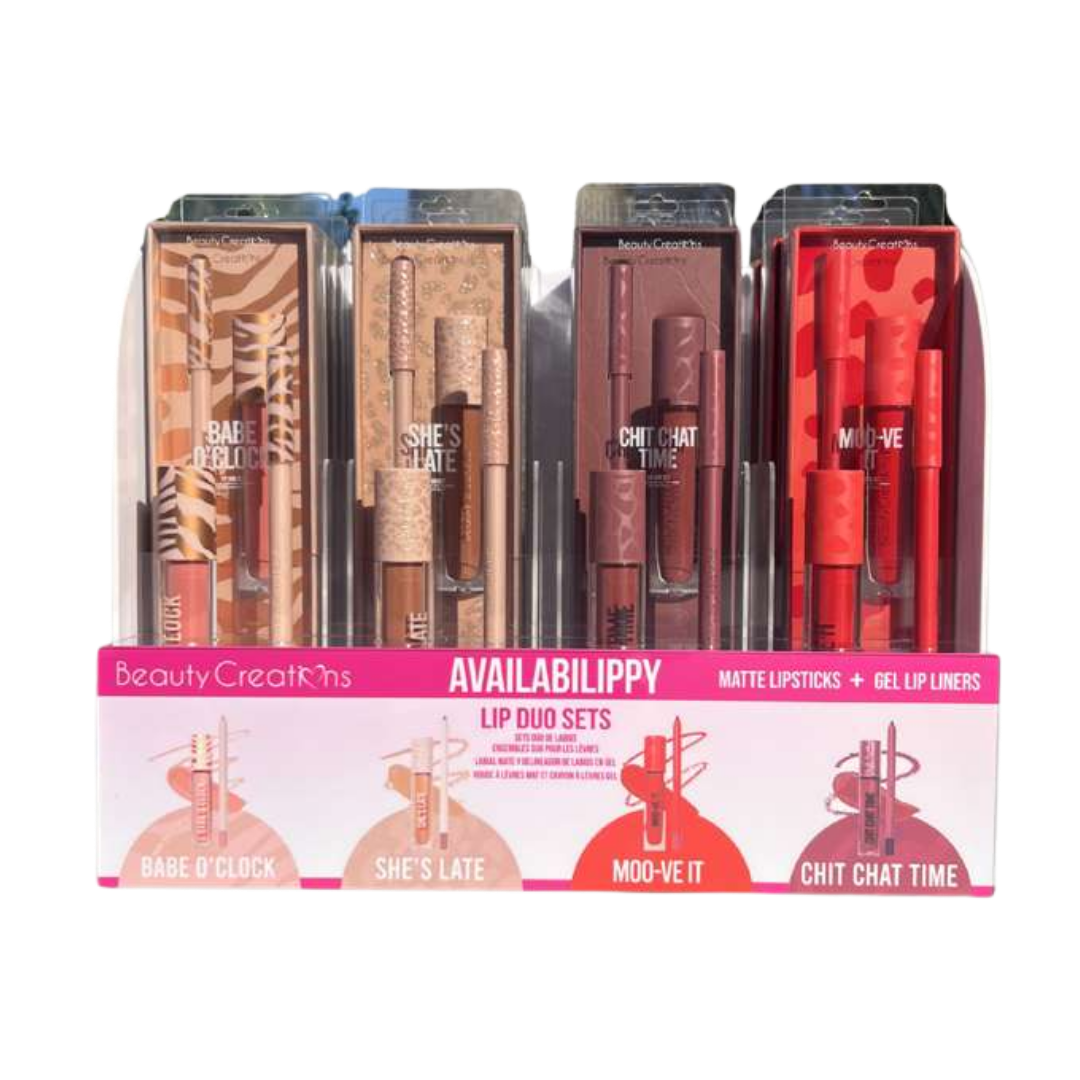 BEAUTY CREATIONS - AVAILABILLIPY LIP DUO PTD - DISPLAY (6PCS EACH STYLE + TESTERS = 24PCS TOTAL)