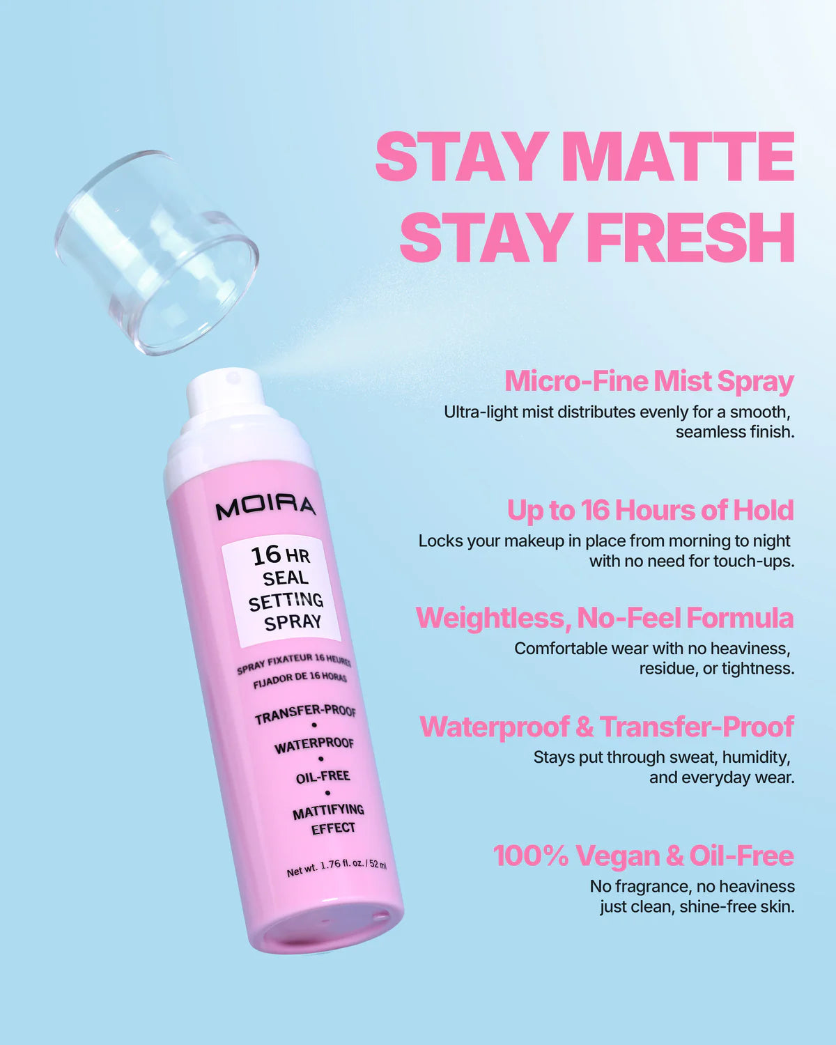 MOIRA- 16HRS SEAL- GLUE PRIMER/ SETTING SPRAY- 3PCS
