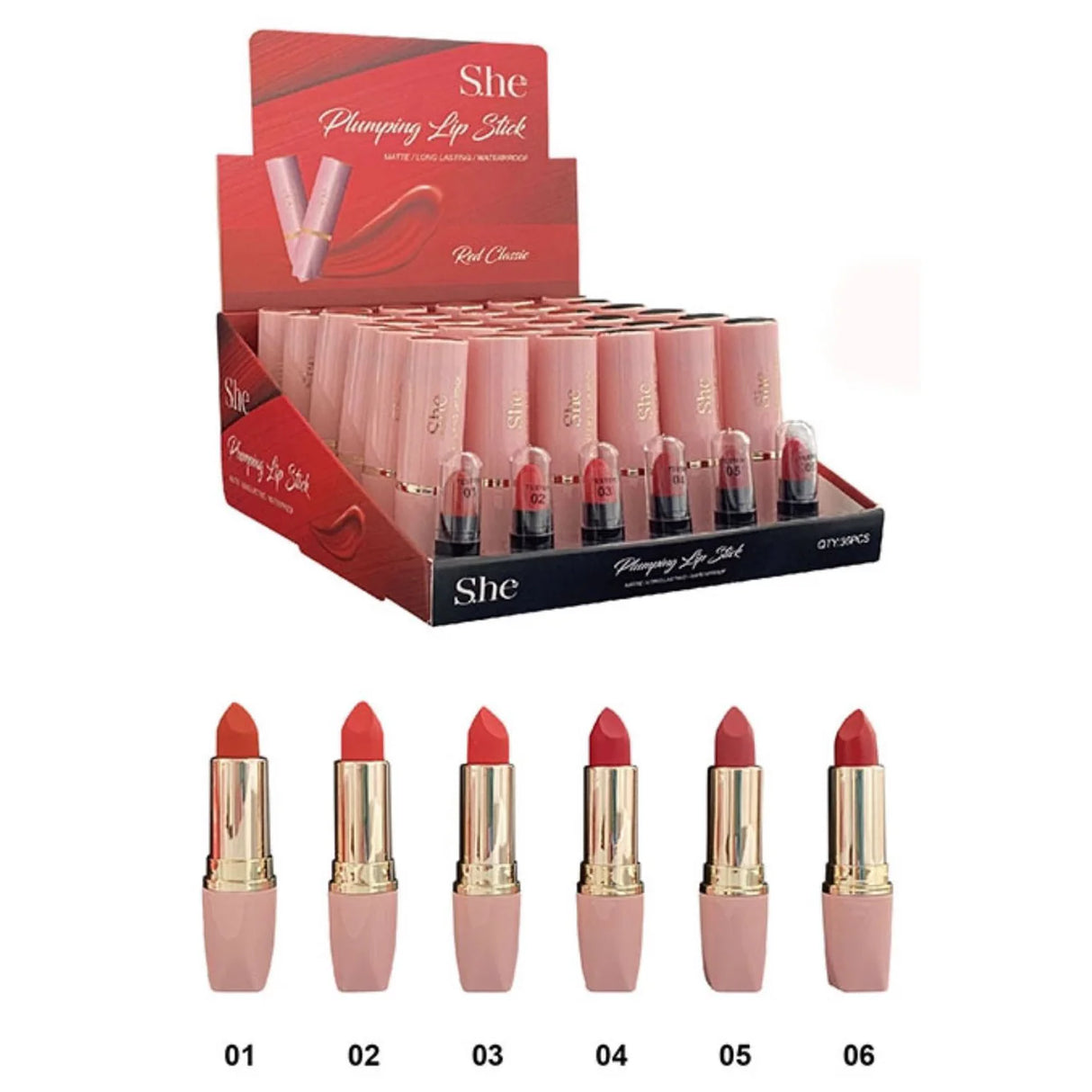 SHE MAKEUP- RED CLASSIC-PLUMPING MATTE LIP STICK-36PCS