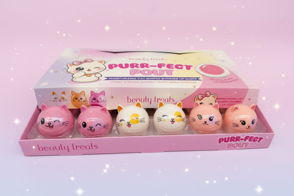 BEAUTY TREATS-  PURR-FECT POUT  - MOISTURIZING SHIMMER LIP GLOSS (24PCS)