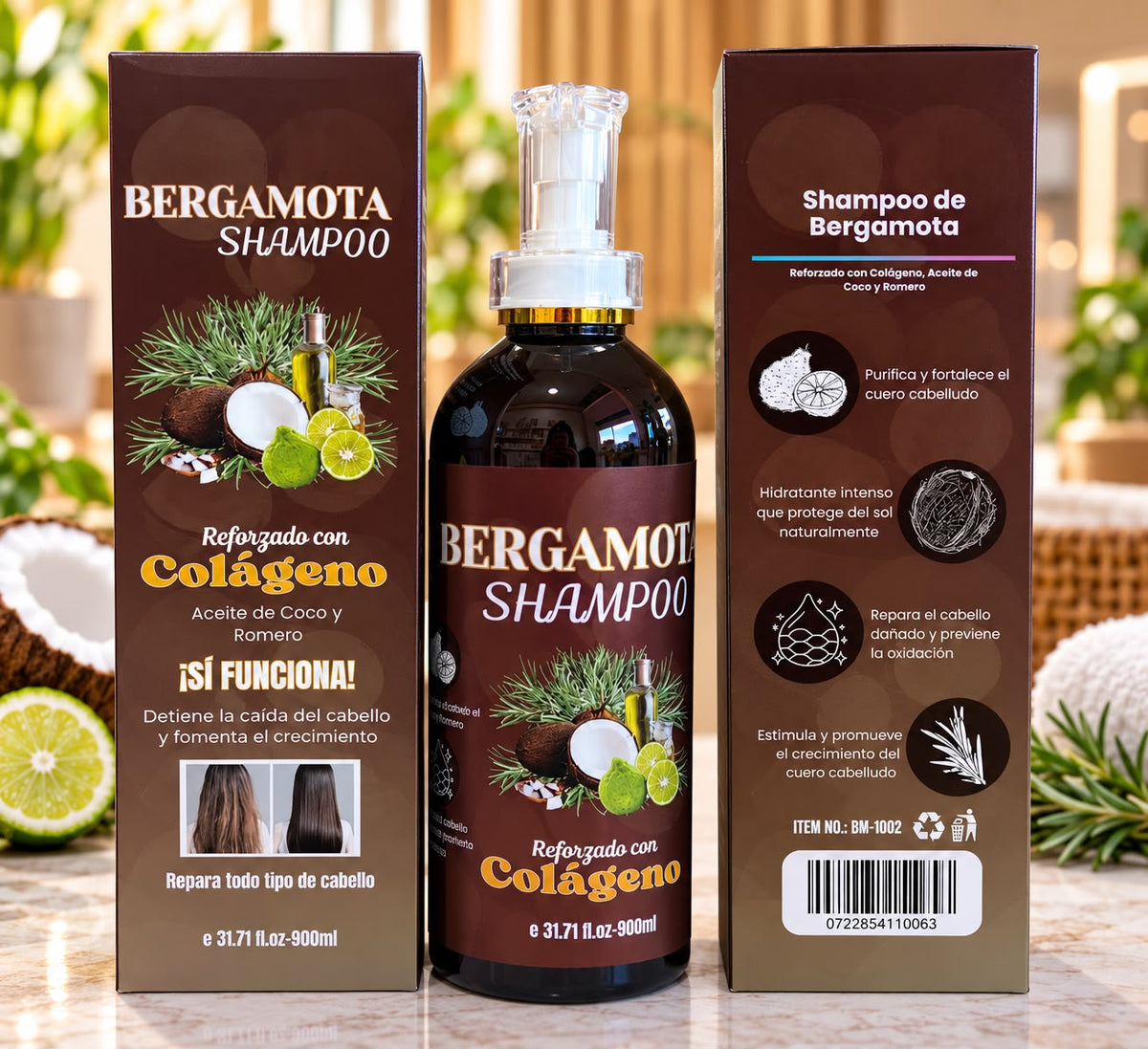 SHAMPOO DE BERGAMOTA - REFORZADO CON COLAGENO, ACEITE DE COCO Y ROMERO (1PC)