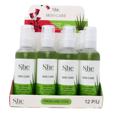 SHE MAKEUP - SPRAY VISAGE À L'ALOE, CONCOMBRE ET THÉ VERT - PRÉSENTOIR 12PC