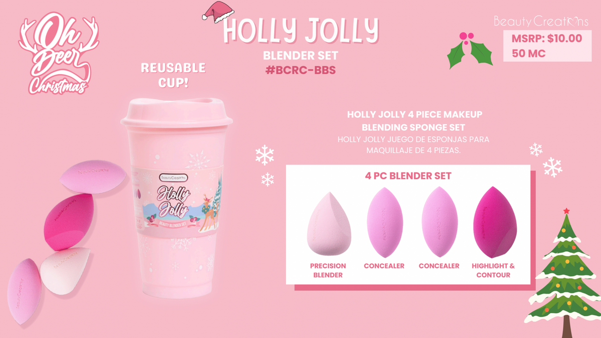 BEAUTY CREATIONS - REINDEER CHRISTMAS 2024: 4PC BEAUTY BLENDER CUP HOLLY JOLLY (1SET)