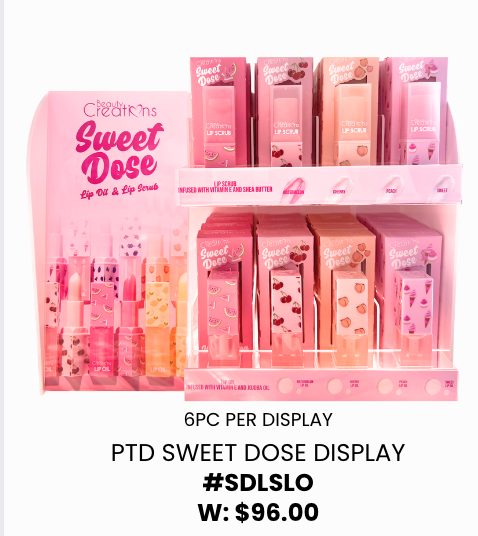 BEAUTY CREATIONS - SWEET DOSE DISPLAY  (4 LIP OIL + 4 LIP SCRUB - 6PCS EACH = 48PC)