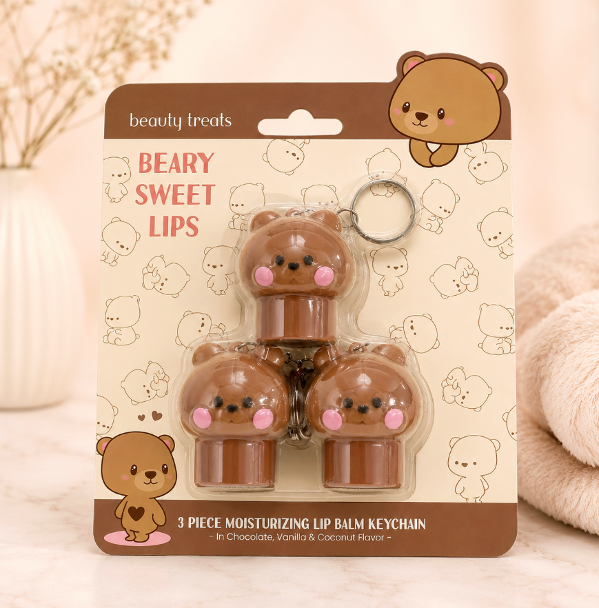 BEAUTY TREATS - BEARY SWEET LIPS - 3PC MOISTURIZING LIP BALM KEYCHAIN (1SET)