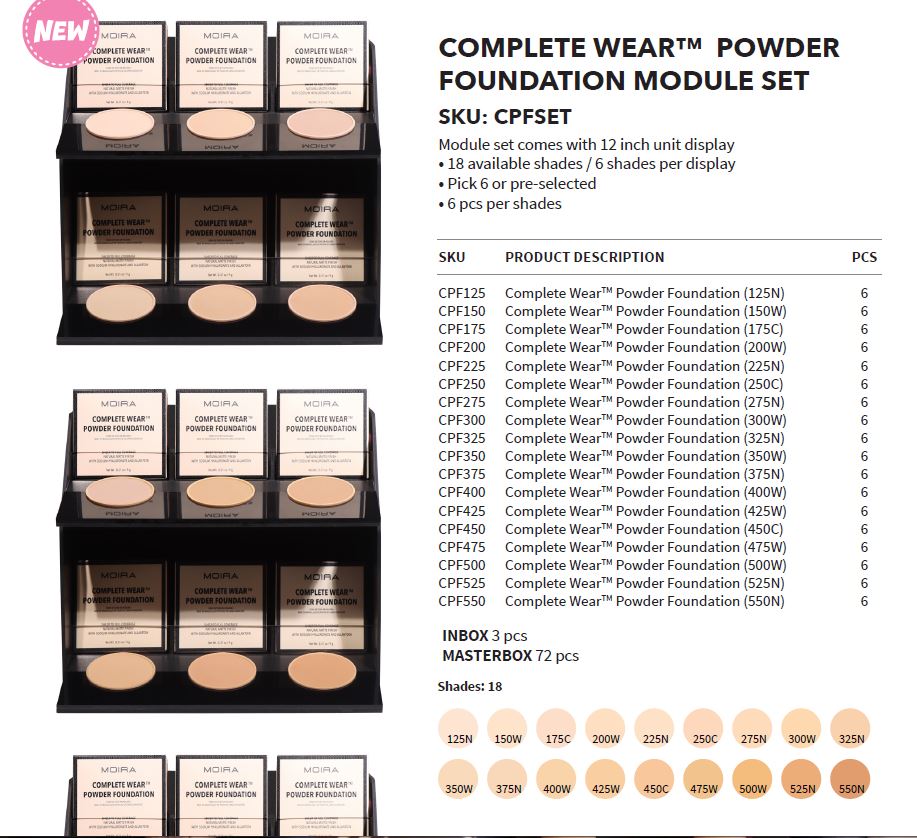 MOIRA-COMPLETE WEAR POWDER FOUNDATION WHOLE DISPLAY (LIGHT, MEDIUM, DARK)