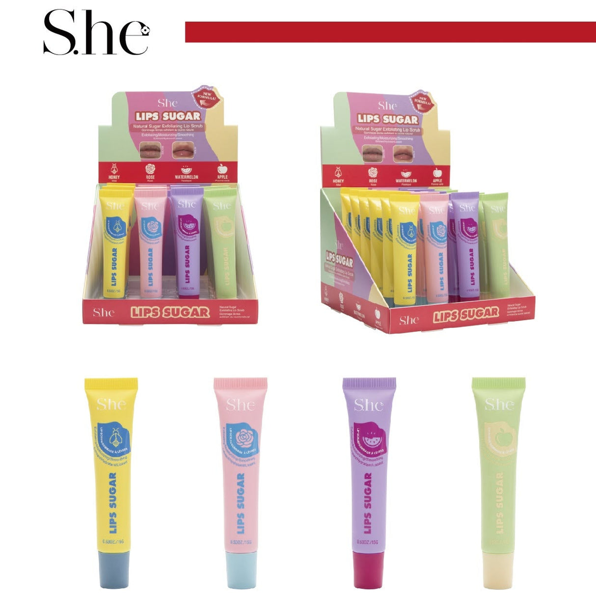 SHE MAKEUP - LIPS SUGAR NATURAL SUGAR EXFOLIATING LIP SCRUB - DISPLAY (24PCS)