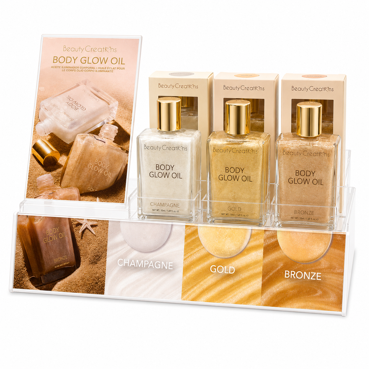 BEAUTY CREATIONS - BODY GLOW OIL 3 STYLES (6PCS EACH + TESTER HALF OFF)  DISPLAY