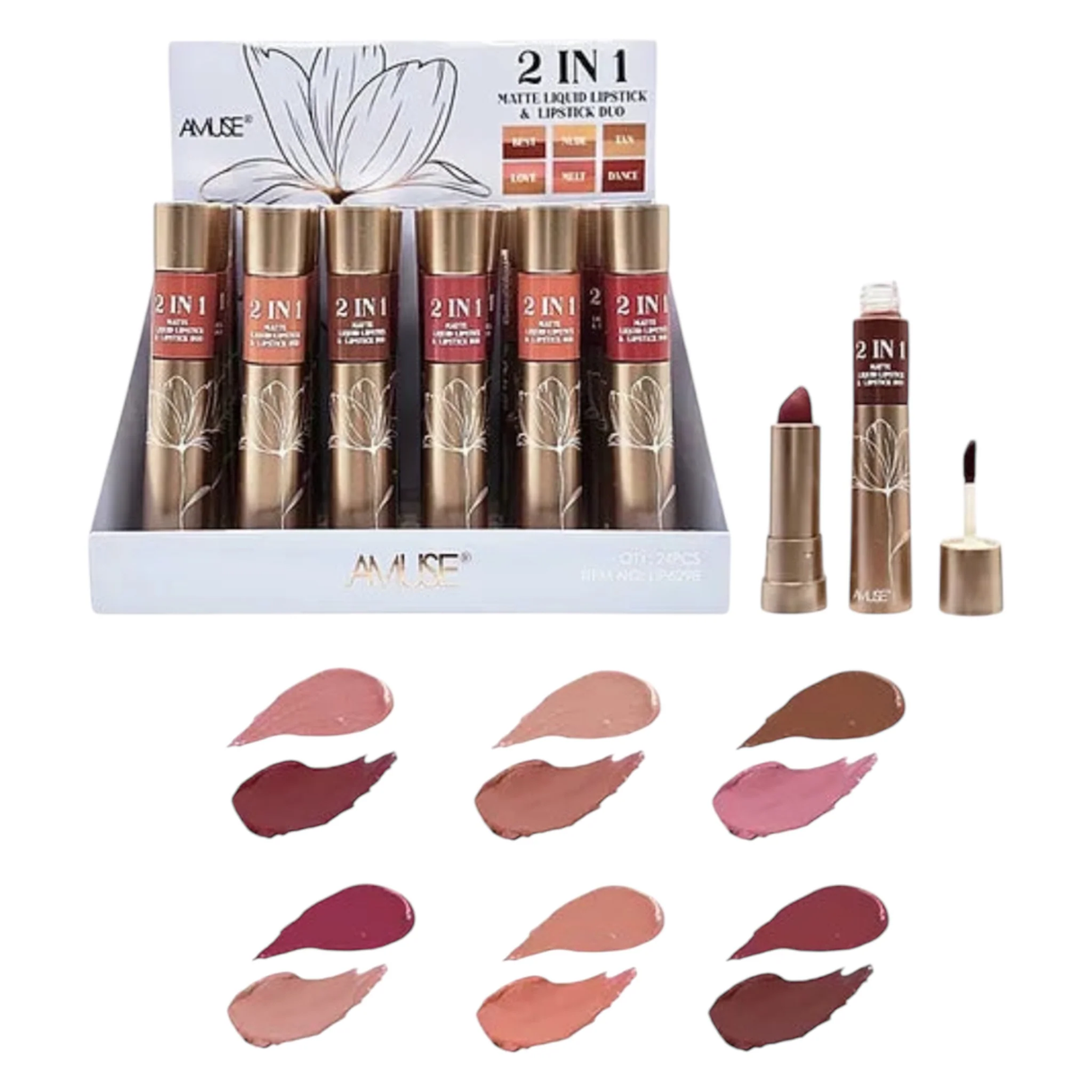 AMUSE - 2 IN 1 MATTE LIQUID LIPSTICK & LIPSTICK DUO - 6 COLORS - DISPLAY (24PCS)