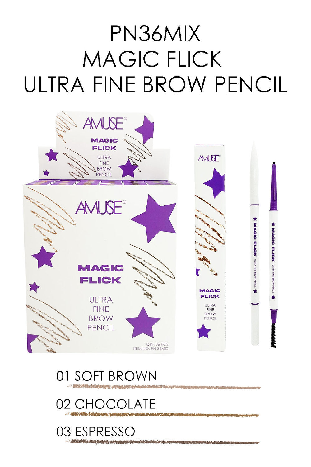 AMUSE - MAGIC FLICK - ULTRA FINE BROW PENCIL - DISPLAY 36 PC